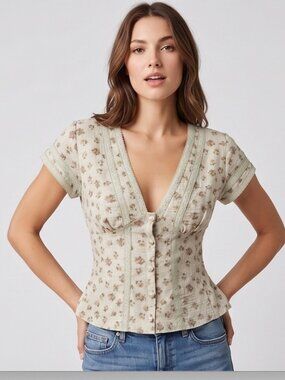 Vintage Like Floral Lace-Trimmed Button-Up Blouse
